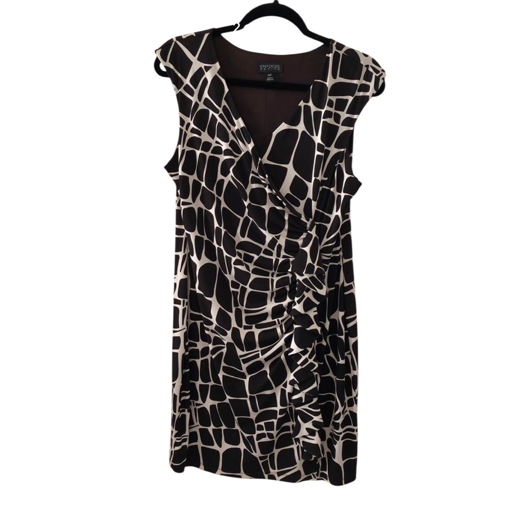Size 14P Enfocus Petites Brown and White Giraffe Patterned Midi Dress Lined Top